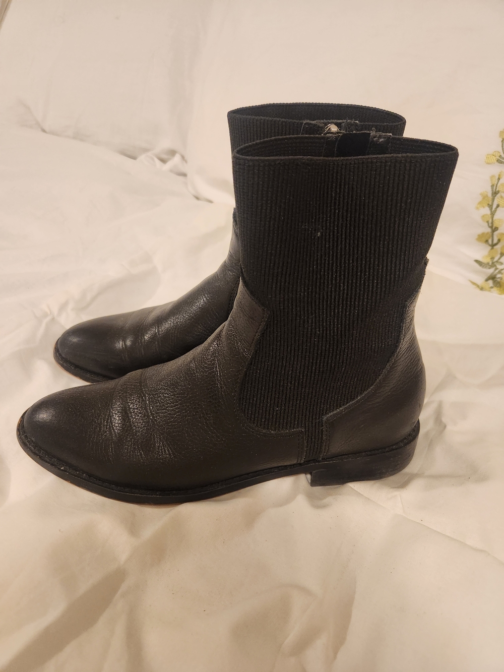 Franco Sarto Black Leather Ankle Boots with Knit Shaft